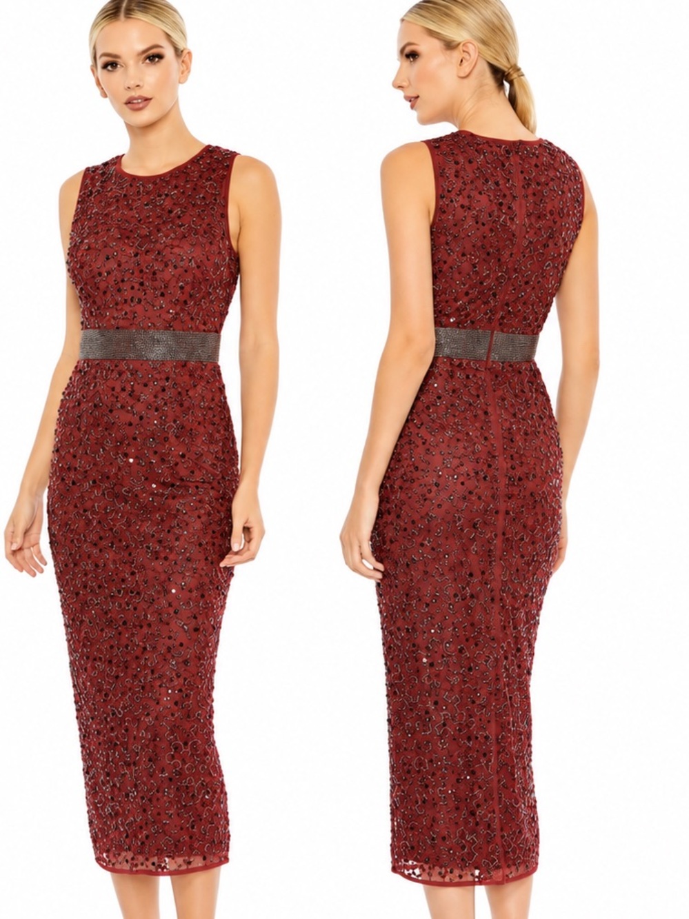 NWT Mac Duggal Geometric Embellished Sleeveless Sheath Dress in Brick Red Size 2